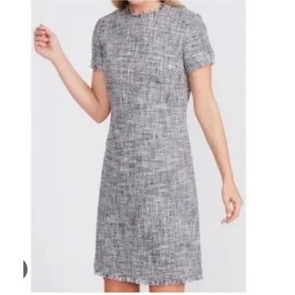 J McLaughlin Clarence Navy Tweed Short Sleeve Sheath Dress w/fringe, size 6 - Picture 1 of 6